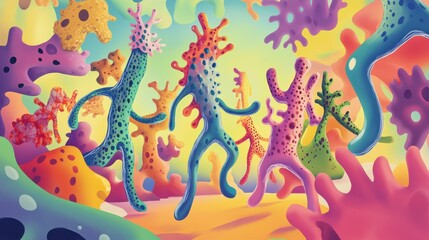 Poster - A colorful painting of a group of strange creatures dancing