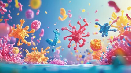 Poster - A colorful cartoon of various bacteria and viruses floating in the air