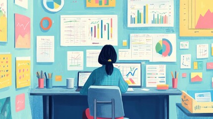Poster - A woman is sitting at a desk with a computer and a wall of graphs behind her