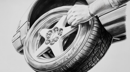 Poster - A drawing of a tire with a man putting a tire iron on it