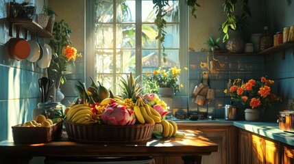 Poster - A kitchen with a window and a basket of fruit on the table
