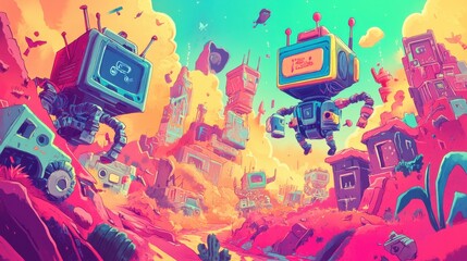 Aufkleber - A colorful cartoon of robots flying through a city