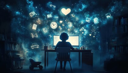 Poster - A child is sitting at a computer desk in a room with a blue sky background. The room is filled with bookshelves and a chair. The child is using a computer monitor and a keyboard. The room has a cozy