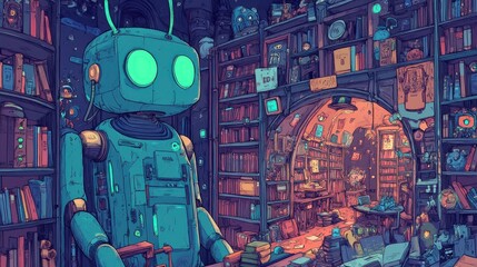 Poster - A robot is standing in a room full of books