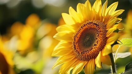 Poster - Close-up view of a sunflower's center highlighting intricate seed spirals and bright yellow petals in natural sunlight