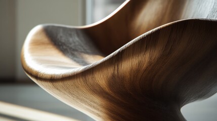 Poster - A close-up view of a modern minimalist chair featuring divine proportions and smooth curves in soft natural light