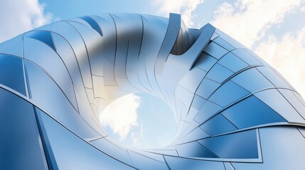 Poster - Fibonacci spiral integrated into a modern building facade showcasing clean lines and futuristic design in urban architecture