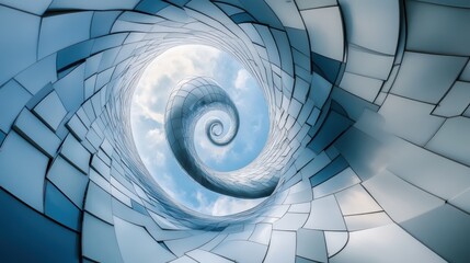 Poster - Fibonacci spiral elegantly overlaying a modern building facade showcasing clean lines and futuristic design principles