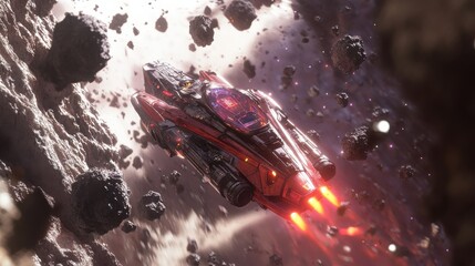 Poster - A spaceship navigates through a treacherous asteroid field in deep space while avoiding the floating debris and obstacles