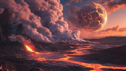 Wall Mural - witness the fiery landscape of a volcanic exoplanet featuring glowing lava rivers and vast smoke clo