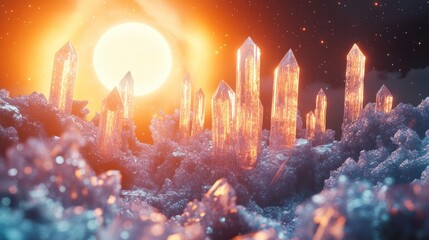 Aufkleber - A spacecraft explores a dazzling crystal planet illuminated by the radiant light of a distant sun in an unknown galaxy