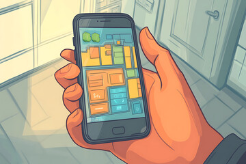 Poster - A hand holding a smartphone displaying a colorful map layout.