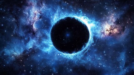 Poster - A captivating blue nebula surrounds a black hole, drawing stars towards its mysterious darkness in the cosmos