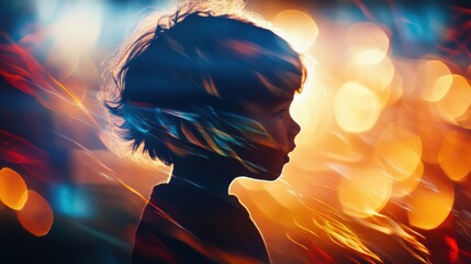 Leinwandbilder - Dynamic double exposure capturing a child's silhouette in vibrant streaks of light symbolizing super speed and movement