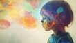 © vadosloginov - A child with mind-reading abilities surrounded by vibrant swirling thoughts and colorful speech bubbles expressing communication