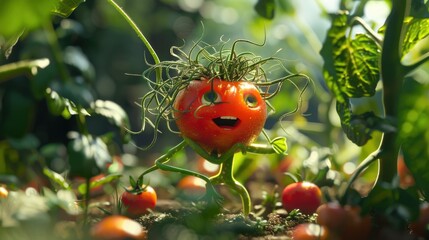 Poster - A tomato with a flower on top of it is standing in a garden. The tomato is smiling and he is happy
