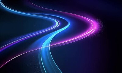 Fototapete - Abstract background with neon glowing lines in curved shapes on a dark blue and purple background,