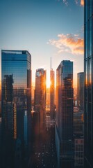 Aufkleber - Beautiful sunrise illuminating a modern city skyline with glass towers reflecting golden light over the horizon