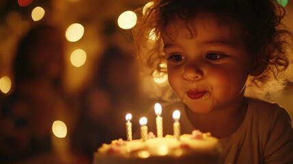 Poster - A young girl blowing out candles on a birthday cake