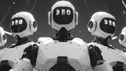 Poster - Robots display the three rules of robotics in monochromatic tones, standing in formation within a futuristic digital environment