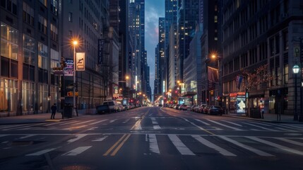 Poster - A city street at night with a few cars and a person walking. The street is empty and quiet