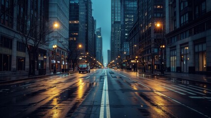 Poster - A city street at night with a car driving down it. The street is wet and the lights are on