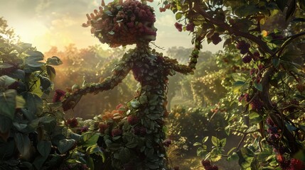 Poster - A woman is depicted in a forest with vines and berries all over her body. The image has a whimsical and playful mood, as the woman is dancing among the plants. The use of vibrant colors