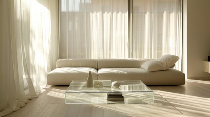 Poster - A living room with a white couch and a glass coffee table. The room is bright and airy, with sunlight streaming in through the windows. The couch is positioned in front of the windows