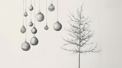 Aufkleber - A minimalist drawing of festive holiday ornaments hanging from a tree showcasing simple lines and joyful design for the holiday season
