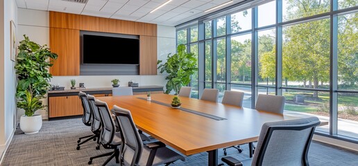 Poster - A modern conference room with a large wooden table, chairs, and a TV screen on the wall. The room has large windows with a view of trees and a green lawn.