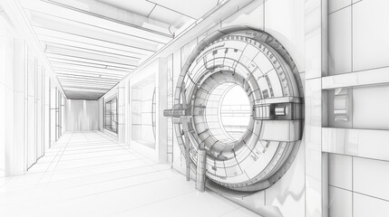 Poster - A sleek line drawing of a modern vault door symbolizes the security and assurance of digital banking in contemporary finance