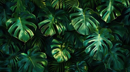 tropical wallpaper featuring vibrant monstera leaves in a lush green pattern for a refreshing indoor