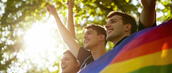 Diverse group celebrating pride with enthusiasm, surrounded by nature and bright sunlight, holding a rainbow flag.