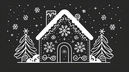 Poster - Minimalistic line art of a festive gingerbread house adorned with holiday details in a cozy winter landscape