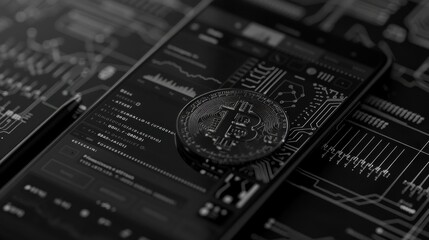 Poster - line art depiction of a smartphone featuring cryptocurrency trading applications with a secure inter