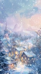 Aufkleber - A peaceful winter village adorned with snow and soft pastel colors during the New Year festivities at twilight