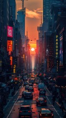 Poster - Early morning sunrise illuminates a bustling metropolis, with neon lights reflecting off busy city streets