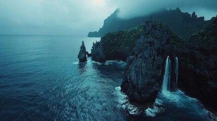 Poster - A beautiful ocean view with a waterfall in the background. The water is calm and the sky is cloudy