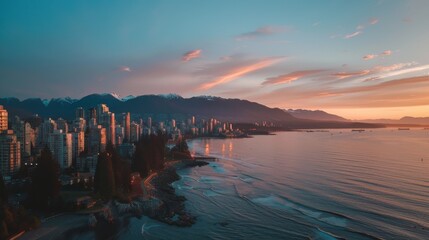 Poster - A beautiful city skyline with a calm ocean in the background. The sky is a mix of blue and orange hues, creating a serene and peaceful atmosphere