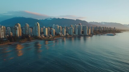 Poster - A city skyline is reflected in the water. The city is on the coast and the water is calm