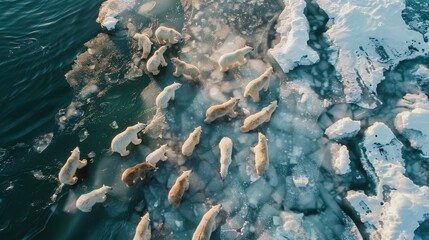 Poster - A group of polar bears are swimming in the ocean. The water is cold and the ice is thick