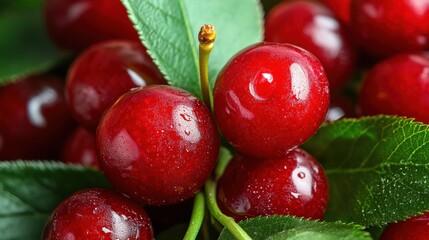 Poster - A bunch of red cherries are on a leaf