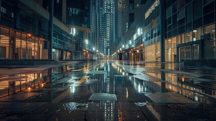 Aufkleber - A city street at night with a large building in the background. The street is wet and the lights reflect off the water