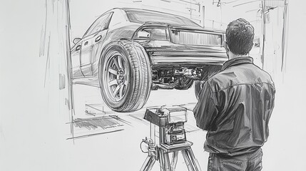 Poster - A man is working on a car in a garage