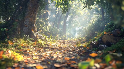 Poster - A forest path with a tree in the middle. The leaves are falling and the path is covered in leaves