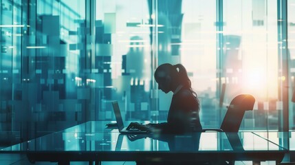 Aufkleber - Corporate office worker focused on a laptop in a modern glass tower during late afternoon