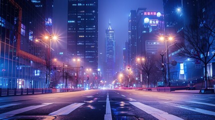 Poster - A city street at night with a few cars and a few street lights. The street is empty and the sky is dark