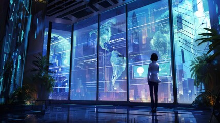 Leinwandbilder - Corporate office worker analyzes global data trends in a high-tech workspace during the day in an urban environment