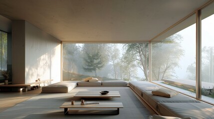 Poster - A living room with a large window that overlooks a forest. The room is decorated in a minimalist style with white furniture and a few potted plants