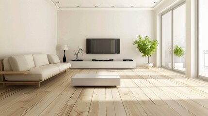 Poster - A living room with a white couch, a white coffee table, and a white television. The room is bright and airy, with a large window that lets in plenty of natural light
